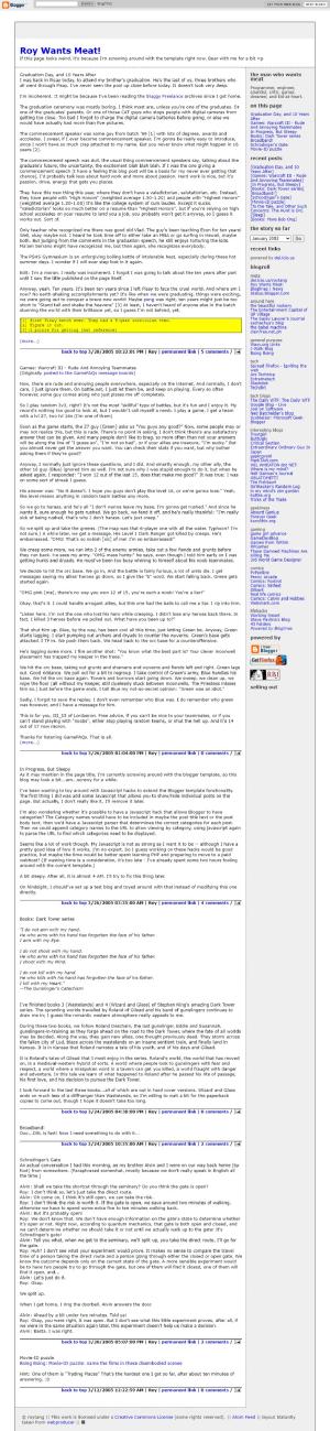 This entry is being published in April 2021. Around this time, I was digging around the wayback machine and found some old versions of my blog, so I thought I’d take some screenshots and psot them here, backdated into their proper place in the timeline. The two screenshots here are from 2004 and 2005, but I didn’t want to bother creating two separate posts.
This was back when my blog was powered by Blogger and it was hosted on a free web hosting service called Fateback.