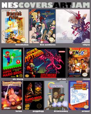 gamefreaksnz:
 justinrampage:
 Check out these excellent redesigned NES Box Covers. Each custom cover was submitted by various deviantART members due to a NES Covers Art Jam hosted by Carlos Lerma and HanzTheBox.
Game (Artist): Castlevania III (HanzTheBox) | Double Dragon II (Ben Camberos)Final Fantasy II (vikyou) | Super Mario Brothers (Ale Chong)Super Metroid (Spel One) | River City Ransom (rocom)Iron Sword (Carlos Lerma) | Super Mario Brothers (puggdogg)Contra (drawmonkey) | Mega Man 2 (artmer)