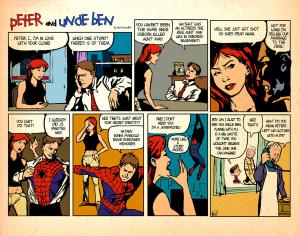 This is an oldie but goodie: http://img09.deviantart.net/4c2e/i/2010/274/d/d/peter_and_uncle_ben_by_ninjaink-d2zumtc.jpg Spiderman x Calvin and Hobbes