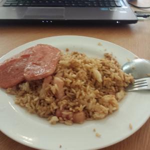 Sunday morning breakfast: bacon and egg fried rice with spam