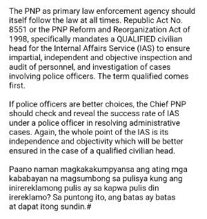 We need to install a civilian #PNP IAS head to ensure impartial investigation on cases involving police officers.
