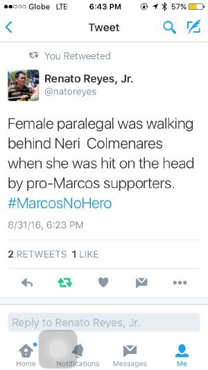 Pro-Marcos supporters are getting desperate. Why assault the paralegal ? #Marcosnohero #MarcosBurialCases