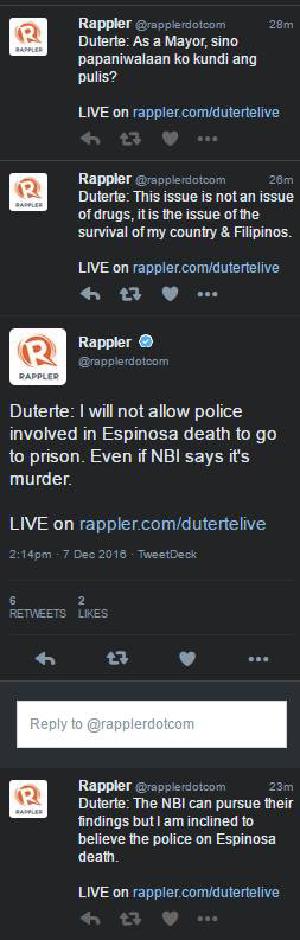 Okay, let’s review:
 Duterte reinstates cops suspended for involvement in illegal drugs. Supposedly he wants to keep them in place to be able to investigate and track their movements. He confirms that Marcos is involved in illegal shit. These cops go on to kill inmates in custody, while they are in their position where they could supposedly be investigated and tracked. Senators say it looks like an extra judicial killing NBI says it’s a rubout Duterte still supports the cops (who he already admitted were involved in illegal shit) and won’t allow them to go to prison  My creative imagination is failing me, can someone tell me how this isn’t coddling of murderers?