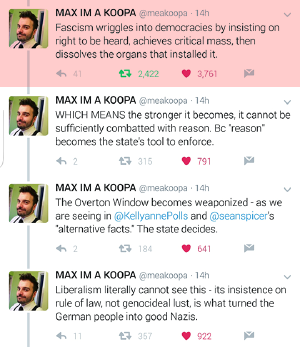 wilwheaton:
imathers:
 maxofs2d:
Sorry about this being in Twitter format but it was too good not to share. (x)
 Boy, I remember when all of this seemed* like a mostly abstract consideration and not something we’re going to have to take to the streets over and over again to combat.
*(rightly or wrongly [probably the latter], and I am fully aware this also speaks to how privileged my existence is)