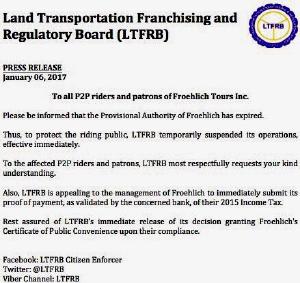 Kaya pala, eto na sagot sa mga nagtatanong kanina sa SRO about P2P buses. LTFRB suspends Froehlich Tours Inc.’s operation.