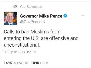 Mike Pence has deleted this 2015 tweet denouncing Muslim bans as unconstitutional.
Retweet it now remind him, hold him responsible.