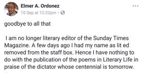 Elmer A. Ordonez resigns as literary editor in protest of Sunday Times Magazine&rsquo;s decision to publish pro-Marcos poems. #Marcos100
