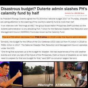 yung budget na yan enough lang para itext tayo ng ndrrmc
Quoted BrujaDelDemonio's tweet:    As #MaringPH submerges Atimonan in 5 feet of flood, Filipinos must know that the Du30 Regime cut NDRRMC budget/Calamity Fund by half:   