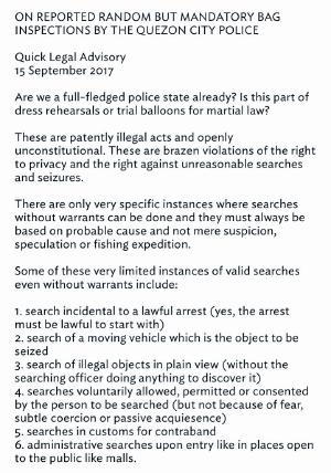 READ AND SHARE: Legal advisory by lawyers group @nuplphilippines re random but mandatory bag searches by QC Police: https://m.facebook.com/story.php?story_fbid=831864423643378&id=823136361182851