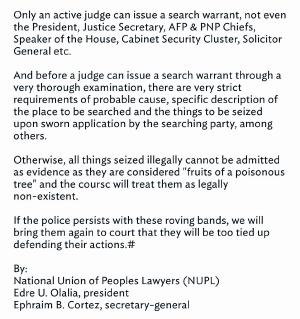 READ AND SHARE: Legal advisory by lawyers group @nuplphilippines re random but mandatory bag searches by QC Police: https://m.facebook.com/story.php?story_fbid=831864423643378&id=823136361182851