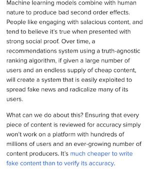 There should be a term for this. Maybe “algorithmic radicalization.”
https://www.nytimes.com/2017/11/12/technology/social-media-disinformation.htmlhttps://www.nytimes.com/2017/11/12/technology/social-media-disinformation.html https://www.buzzfeed.com/vijaypandurangan/how-can-we-kill-fake-news