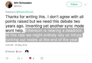 In 11 months the Ethereum blockchain has 5x’d and one Parity developer warns $ETH nodes may soon have to run via a non-free, identity-collecting, centralized service named Infura.
We warned you.