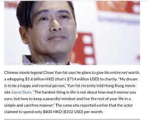 I already consider myself frugal, but now I feel the need to be Chow Yun Fat level frugal. Source: https://www.indiewire.com/2018/10/chow-yun-fat-will-give-entire-fortune-to-charity-1202011765/amp/?__twitter_impression=true