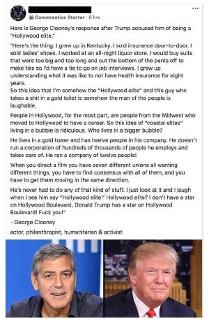 George Clooney’s response to @realDonaldTrump after he called him a hollywood elite is a great read.