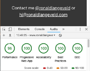 TIL about chrome’s audit tab
Quoted ronaldlangeveld's tweet:   Oohhhh this is looking nice. Google search is gonna love this 💖. Built with @gatsbyjs, hosted on @Netlify.  