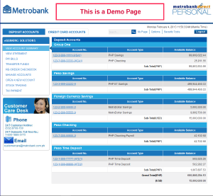 A while ago I discovered that for some reason, the Metrobank webapp has a publicly-accessible demo page: https://personal.metrobankdirect.com/RetailInternetPortal/MetrobankOnlineTour/view-account-summary.html. IDK if this is somehow a security issue or what lol