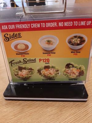Having signs like these at your tables seems like a bit of marketing/salesmanship genius. By making it easier to get addons you have a higher chance of triggering impulse purchases. Why dont jollibee/mcdo/kfc etc do this?