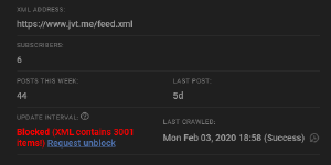 @JamieTanna Hello! Not sure if you’re aware, but Inoreader dislikes your RSS feed apparently for having too many items.