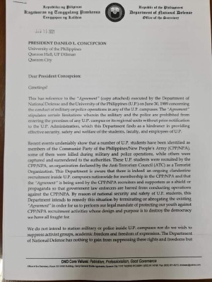 JUST IN: In a letter addressed to UP Pres. Danilo Concepcion, Department of National Defense (DND) Secretary Delfin Lorenzana says the UP-DND Accord, an agreement that keeps state forces from entering the premises of the University, is terminated effective January 15. #DefendUP