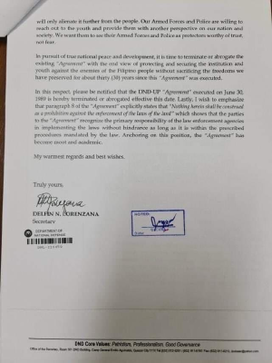 JUST IN: In a letter addressed to UP Pres. Danilo Concepcion, Department of National Defense (DND) Secretary Delfin Lorenzana says the UP-DND Accord, an agreement that keeps state forces from entering the premises of the University, is terminated effective January 15. #DefendUP