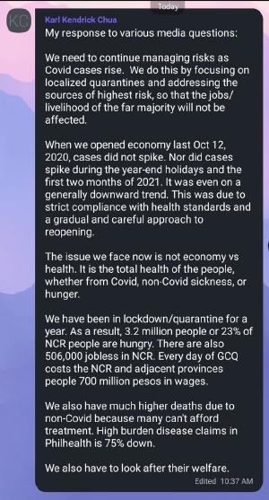 Give people aid so they can stay at home, you cowards
Quoted PhilippineStar's tweet:   READ: Amid rising COVID-19 cases, NEDA acting secretary @_karlchua says the issue now is the total health of the people, including hunger and other sickness apart from COVID-19. Localized lockdowns and managing risks should be the focus. | @maureensimeon  