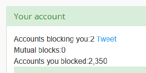 2 twitter accounts have blocked me! Lol I know one of those accounts, I wonder who the other is. This count is low compared to some of my mutuals, maybe I should get into more fights.
Anyway, you can check your own stats here: https://blolook.osa-p.net/