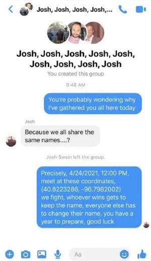 This is great
Quoted gothspiderbitch's tweet:   so did anyone else know that there was a massive pool noodle battle planned between all the people named Josh today that was ultimately won by a 5-year old named Josh who was crowned The Supreme Josh or was I just supposed to find this out on my own  
