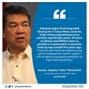 When you accept turncoats and balimbings and trapos into your party, would you really expect them to have loyalty or respect for your party and its history?
Quoted inquirerdotnet's tweet:   Senator Aquilino “Koko” Pimentel III poured his heart out as he talked about the worsening rift within the PDP-Laban, which was founded by his own father, the late Senator Aquilino “Nene” Pimentel Jr. https://inq.news/PimentelPDP  